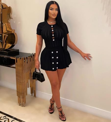 Image of Two Piece Outfits for Women Summer Going Out Knit Crop Tops Pleated Mini Skirt Sets Short Sleeve Mini Dress