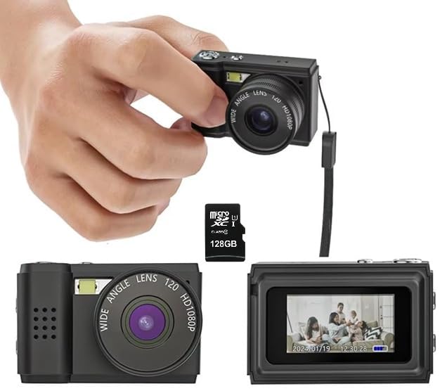Mini Keychain Digital Camera with Flash 128GB Card 2MP 0.96" 1080P Display Pocket Size Long Battery Life Portable Small Tiny Video Recorder for Travel Party Fun Vlog Gifts Beginners (Bla!ck)