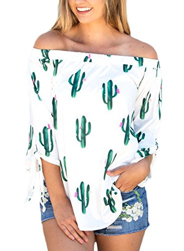 LOSRLY Women Off The Shoulder Floral Printed 3 4 Bandage Sleeve Blouse Casual Tops-Cactus XXL 18 20