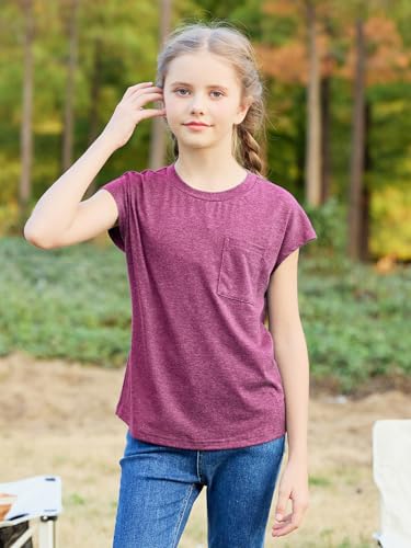 Image of GORLYA 2 Pack Girls Cap Sleeve Summer T-Shirt Multipacks Casual Loose Basic Tee Tops with Pocket 6-14Y
