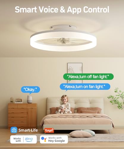 Smart Ceiling Fans with Light and Remote,20'' Low Profile Ceiling Fan with 6-Speed & Dimmable LED, Alexa/APP Home Voice Control, App, Reversible Airflow, App Timer, for Beedroom(White)