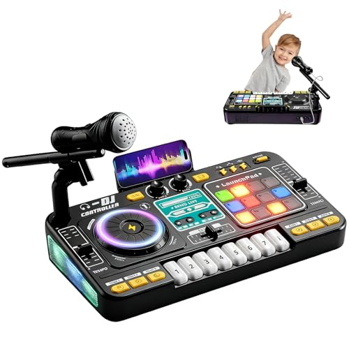 Table de mixage DJ pour enfants 3-12 ans, DJ Mixer Controller pour enfant Platines DJ Musicale avec 100+ effets sonores, micro, Lumières kit de mixage DJ Enfants...