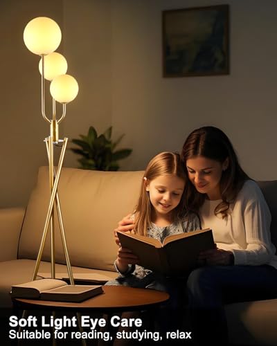 Image of Lightdot Gold Floor Lamp Dimmable Mid Century Tripod Floor Lamp with 3 Pole Lights with 3Pcs 3000K Bulbs Included Tripod Standing Lamps with Stable Base for Living Room /Sofa Beside /Corner Decor