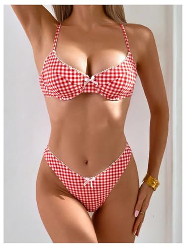 SOLY HUX Women's Plaid Gingham Bikini Set Bowknot Spaghetti Strap High Cut Bathing Suit Two Piece Swimsuit3