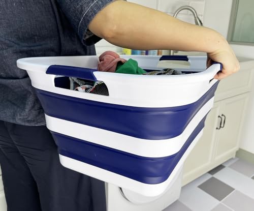 Image of SAMMART 42 (11 Gallons) Collapsible Plastic Laundry Basket, Foldable Pop Up Storage Container /Organizer, Space Saving Hamper, Portable Bin for Dorm Room Bathroom (1, White /Starry Blue)