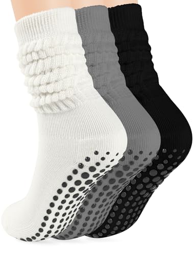 AURUZA Pilates Grip Yoga Socks for Women, Slouch Socks with Grip for Barre Workout Hospital Long Scrunch Slipper Socks