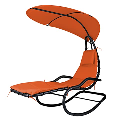 Geniqua Outdoor Hammock Rocking Chaise Lounge Swing Chair with Stand and Canopy Porch Swing w/Soft Cushion Removable Headrest Outdoor Recliner Rocking Chair for Garden Backyard Poolside (Orange)