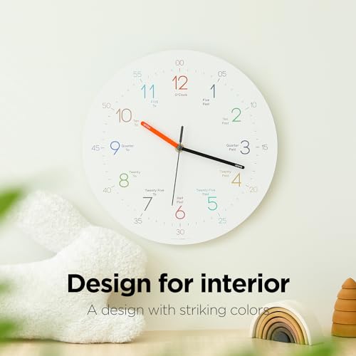 Image of mooas Easy Learning Flatwood Wall Clock,12 inch Wood Clock | Non-Ticking Sweep Movement Decorative Clock Battery Operated Wall Clock for Home Living Room Bedroom School