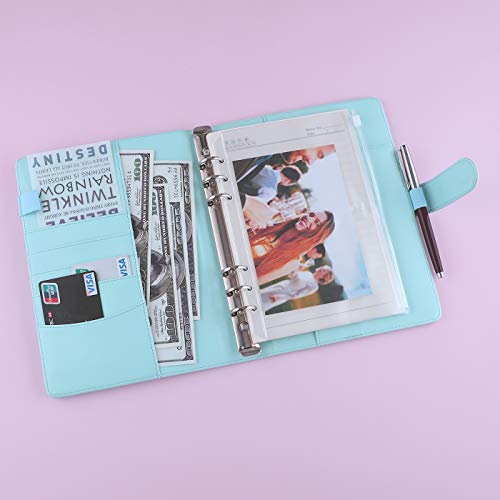 Image of Antner A5 Notebook Binder 6 Ring Refillable Budget Planner Cover for Cash Organizer, PU Leather Loose Leaf Photocard Holder Aesthetic Binder with Magnetic Buckle for A5 Planner Inserts, Mint Blue