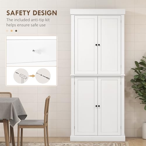 Image of HOMCOM 72.5 inch Tall Kitchen Pantry Cabinet, Freestanding Modern Farmhouse Kitchen Storage Cabinet with 4 Doors and 2 Adjustable Shelves for Dining Room, White