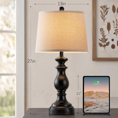 Image of PARTPHONER Traditional Table Lamp Set of 2, Rustic Farmhouse Table Lamps for Living Room Bedroom, 27 inch Bedside Desk Lamps Vintage Nightstand Lamps with Linen Shades, Matte Black