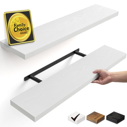 Image of BAYKA Floating Shelves for Wall, 35.4 inches Long Wall Mounted Rustic Wood Shelves for Bathroom, Bedroom, Living Room, Kitchen, Office, Hanging Shelf for Books /Storage /Decor(White,Set of 2)