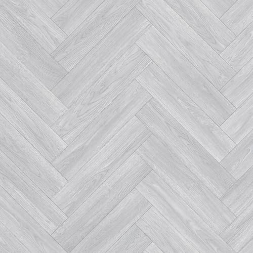 Vinyl Flooring Wood Oak Herringbone Design Foam Backed Vinyl Flooring Roll | Non-Slip Easy Clean Waterproof Lino Vinyl Floor | Living Dining Room, Lounge, Hallway Flooring (Light Grey, 2m x 3m)