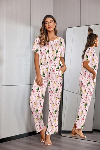 Image of Ekouaer Womens Satin Silky Pajama Set Short Sleeve Shirt with Long Pajama Pant Set Soft PJ Loungewear