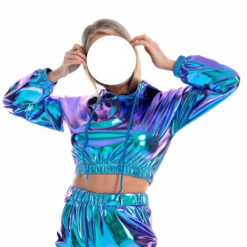 SNOMYRS Rave Outfit Plus Size Metallic Tops Langärmelige Kapuze Sportbekleidung Reflektierende holographische Musik Festival Outfits