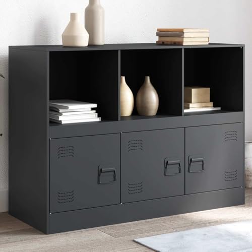 WRJENFSC Buffet anthracite 99 x 39 x 73 cm, en acier laminé à froid, meuble industriel avec 3 portes et poignées, meuble bas moderne pour salon, couloir, bureau