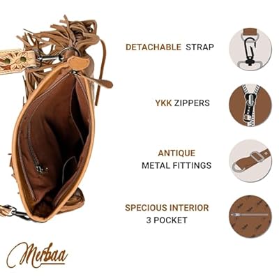 Merbaa Berlin hand-carved Fringed Shoulder Bag Natural Cowhide Hand Bag with Floral Hand Tooling