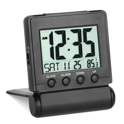 FAMICOZY Small Folding Digital Travel Alarm Clock with Day/Month/Date/Indoor Temperature,Easy to Read and Set,High/Low Alarm Volume,9 Min Snooze,Backlight on Demand,Bedside Calendar Alarm Clock,Black