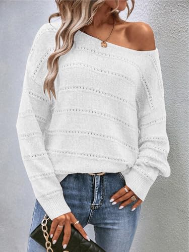 Image of Women's Sweater Soft Boat Neck Long Sleeve Oversized Sweaters Crochet Pullover Knit Tops