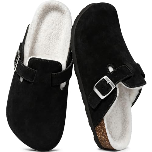 Image of KIDMI Women's Fur Lined Genuine Suede Clogs Fuzzy Cork Footbed Potato Shoes | Adjustable Metal Buckle, Non-slip Rubber Soles, Cushioning, Cozy and Warm, Supportive, Indoor, Outdoor, Winter, Casual