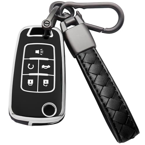 CAERSAT for Chevy Key Fob Cover Soft TPU with Keychain Key Case Holder All-Around Protection Compatible for Chevrolet Equinox Camaro Cruze Malibu Impala Spark Sonic GMC Buick (5 Buttons, B Black)