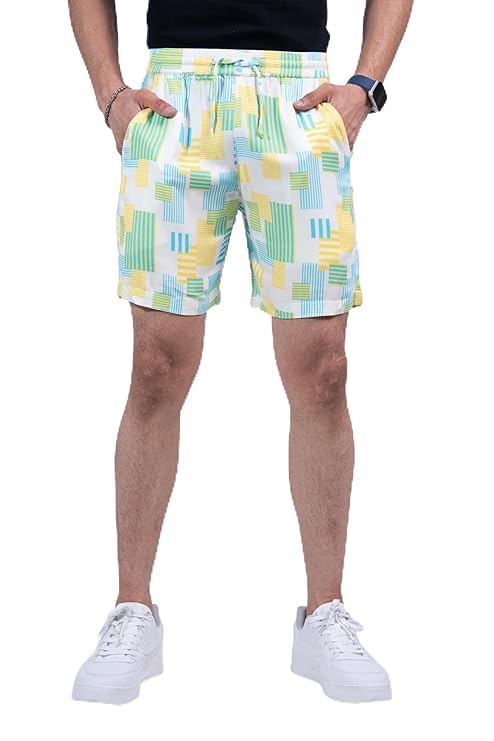 loom fashion Men’s Pastel Geometric Print Casual Shorts – Yellow, Lightweight Summer Wear-picture-53