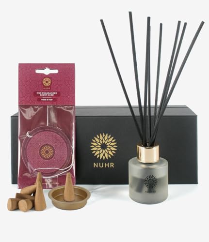 NUHR Home Scenting Gift Set - Rose & Oud with Luxury Reed Diffuser with 10 x Incense Cones & Scent Card Long Lasting Scented Home Fragrance
