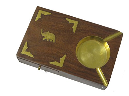 Cenicero de Madera Hecho a Mano de la India con Caja de Cigarrillos, Encendedor, 2 Ranuras y decoración única, Hecho a Mano para Fumadores