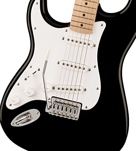 Image of Fender Squier Sonic Stratocaster Left-Handed - Black Bundle with Frontman 10G Amp, Cable,Tuner, Strap, Picks, and Austin Bazaar Guitar DVD