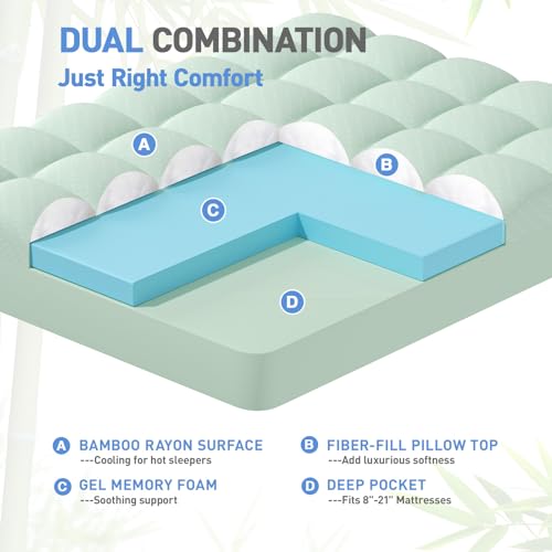 Image of Dual Layer 3 Inch Memory Foam Mattress Topper Twin XL Size, 2 Inch Gel Memory Foam Plus 1 Inch Cooling Pillow Top Mattress Pad Cover, with 8-21 Inch Deep Pocket, Green
