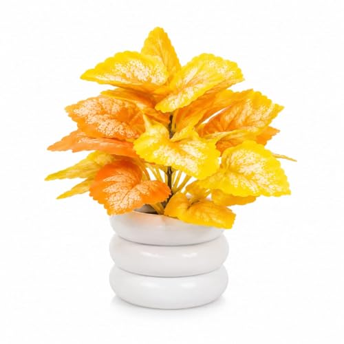 Image of Artificial Mini Potted Plant with Premium White Ceramic Style Pot - Vibrant Orange-Yellow Faux Desk Plant for Home Decor, Office Table, Living Room & Study Room Aesthetic, Washable & Zero Maintenance