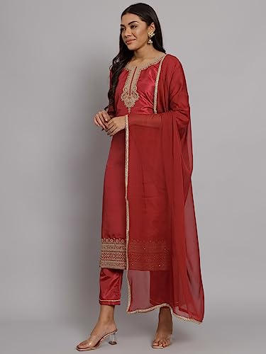 Image of VredeVogel Women's Silk Blend Embroidered Kurta with Pant & Nazneen Dupatta Set