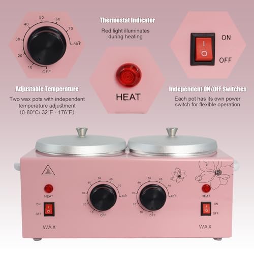 Image of Wax Warmer Double Pot, Professional Electric Heater for Facial, Body, Spa, and Salon, 1.2L Dual Adjustable Temperature with 100 Wooden Craft Sticks, Hair Removal (Pink)