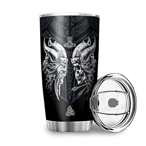 Zbbfwu Wikinger Odin und Schädel Kaffeebecher to go Thermobecher Edelstahl Auslaufsicher Kaffeetasse Autobecher White 600ml