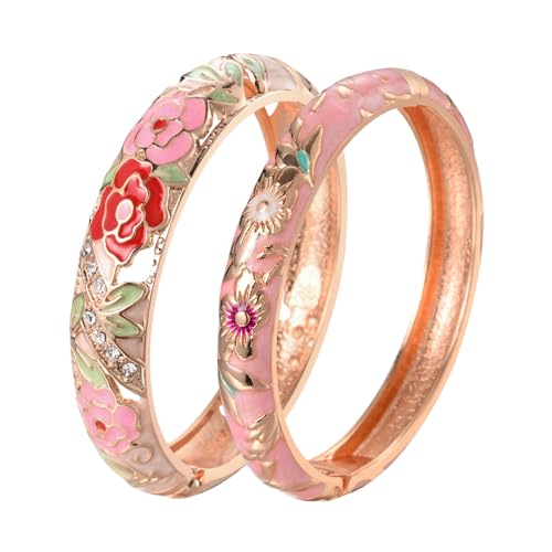 UJOY Enamel Bangle for Women, Rose Floral Vintage Bracelet for Lady Jewellery keepsake 2 Pcs Pink Ceramic Bracelet with Bracelets Box Mothers Day Presents