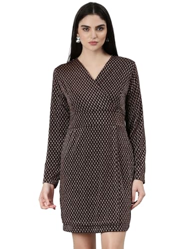 Image of SHOWOFFFF Women Self Design Wrap Party Dress | V Neck Full Sleeves Jersey Dress for Womens | Above Knee Dress for Women's