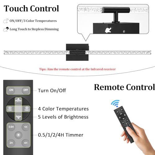 Image of iThird Crystal Bubble Wall Sconces Set of 2: 10000mAh Rechargeable Wireless Lights with Remote & 360 Rotate, 4 Color Temps Dimmable, 31.5 inch Wall Lamp for Bedroom Living Room Mirror, Black