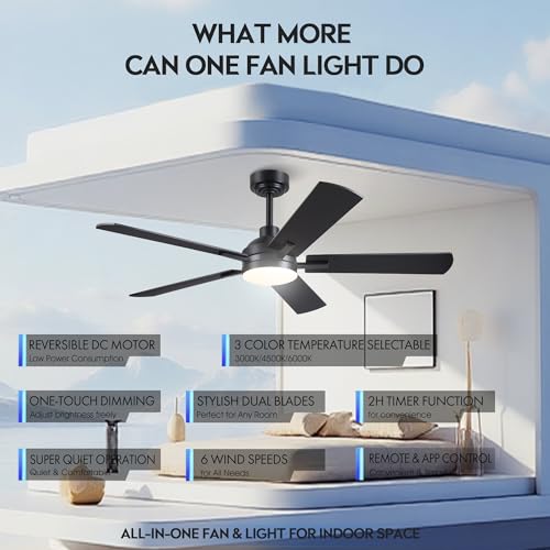 Image of JSAITEE Ceiling Fans with Lights - 52Inch Low Profile Flush Mount Ceiling Fan with Light and Remote Control, DC Reversible Motor, Dimmable, 6 Speeds Ceiling Fan for Bedroom, Kitchen, Black
