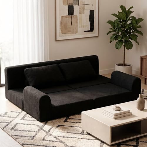 EURHCIO Petit Canapé 2 Places Modulable,Canapé Lit Convertible,Tissu en Flanelle,2 Coussins,DIY Libre,pour Salon,Chambre,Bureau,160x80x78 cm (Noir-E)