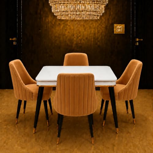 Image of WOODEN SPACE 4 Seater Wooden Dining Table Set | Urban Marble Top Dining Table with Chairs for Dining Room & Kitchen (Modern Infinity Backline Mustard) (42 x 42 x 30 inch)