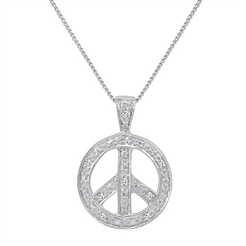 Diamond Peace Sign Pendant Necklace in Sterling Silver on an 18in Box Chain | Real Diamond Necklaces Gifts for Women4
