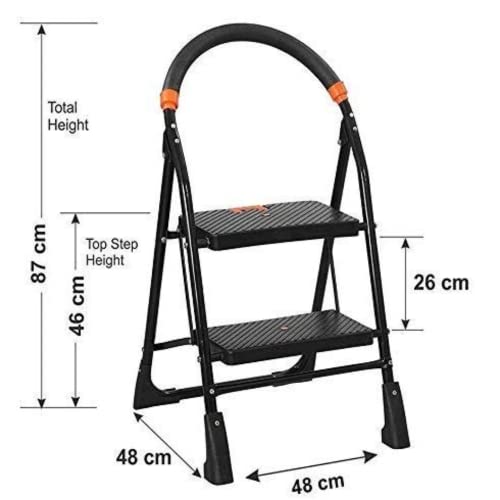 Image of ORRIL OBBO 2 Step Ladder for Home, Foldable Step Ladder with Wide Anti-Skid Steps, Alloy Steel, Black