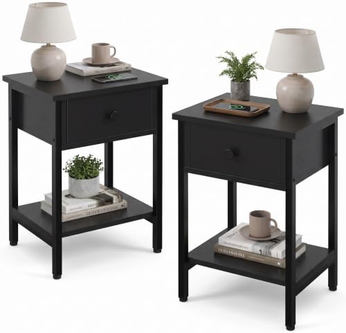 Image of Nightstands Set of 2 with Drawers and Storage Shelves, Modern Bedside Table with Steel Frame, Wood Night Stand End Side Table for Bedroom Small Spaces, Black