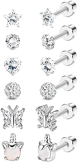 YADOCA 6 Pairs Girls Earrings for Women 316L Stainless Steel Hypoallergenic Screw Back Earrings Cubic Zirconia Earrings Ball Heart CZ Butterfly Stud Earrings Set Tragus Cartilage Jewelry