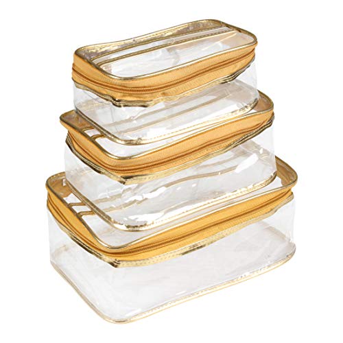 PrettyKrafts Plastic Travel Toiletry Bag, Makeup. Cosmetics & Jewelry Organiser, Travel kit – Set of 3 Pieces, Golden