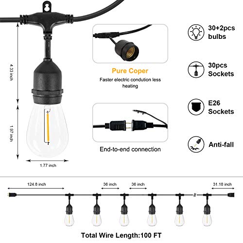 Zotoyi 100Ft Led Outdoor String Lights, Waterproof Ip65 Patio Lights With 32 Shatterproof Bulbs(2 Spare), Commercial Grade Etl Listed Heavy-Duty Dimmable Light For Cafe Porch Party Garden Wedding #TOP3