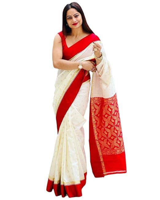 new collection Traditional Bengali Gorod Sarees for Women Red and White Durga Puja Garad Silk Kanjivaram Goroder Lal Par Sada Border Handloom Sari Banarasi soft lichi Sadi with Blouse Piece-picture-37