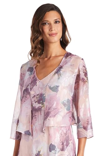 Image of R&M Richards Women's Elegant Floral Chiffon High-Low Dress W /Shimmer Accents & Coordinating Bolero