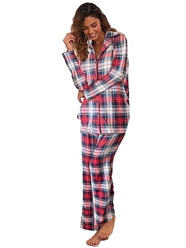 Famulily Women Long Sleeve Pajama Set Plaid Loungewear Sets Button up Top and Wide Leg Pants S-XXL