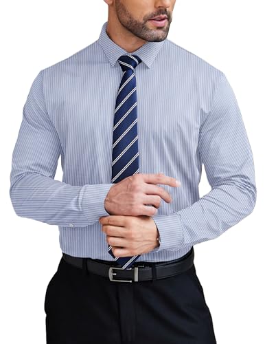 COOFANDY Dress Shirts for Men Wrinkle Free Long Sleeve Button Up Shirts Formal Business Shirt Blue Stripes